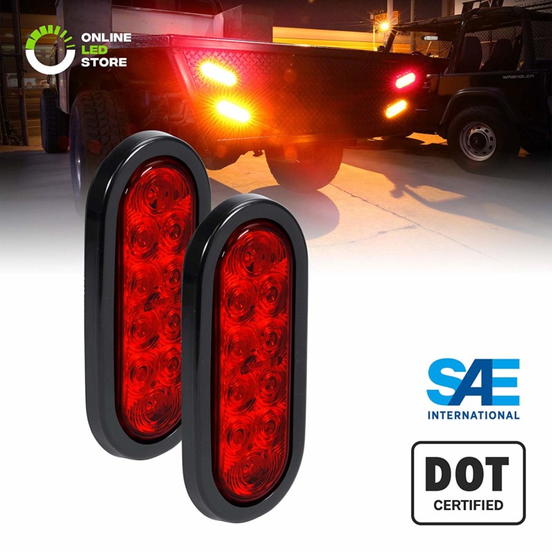 2pc 6" Oval Red LED Trailer Tail Lights [DOT Certified] [Grommet & Plug Included] [IP67 Waterproof] Turn Stop Brake Trailer Lights for RV Jeep Trucks