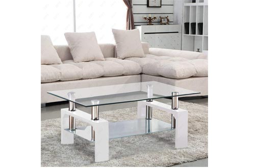 SUNCOO Coffee Table Glass Top with Shelves Home Furniture Clear Rectangle (White)