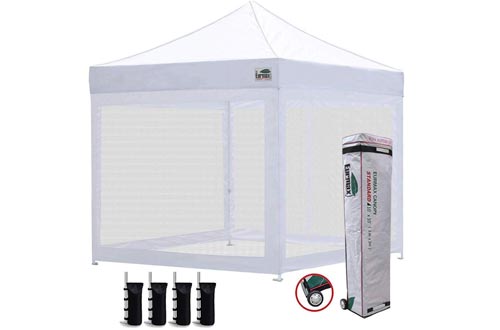 Eurmax 10x10 Ez Pop up Canopy Screen Houses Shelter Commercial Tent with Mesh Walls and Roller Bag,Bouns 4 Sandbags Weight(White)