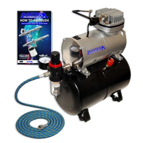 Master Airbrush 1/5 HP Compressor with Air Storage Tank Kit Model TC-20T - Professional Single-Piston with Pressure Regulator, Water Trap Filter, Hose - How To Airbrush Guide - Hobby, Cake, Tattoo Art