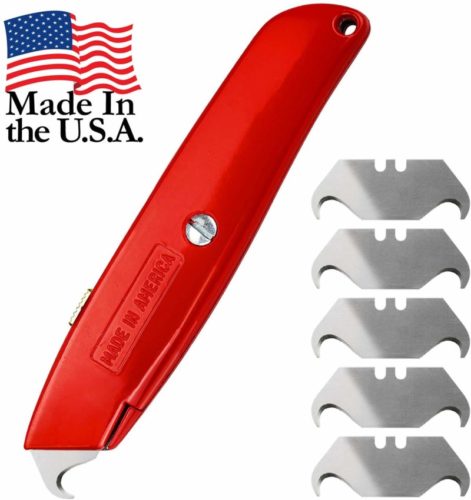 Hook Blade Utility Knife with 5 Utility Hook Blades, Heavy-Duty Retractable Razor Knife Set with Comfort Grip, Shingle Cutter Roofing Knife, Made in USA, Quality Steel