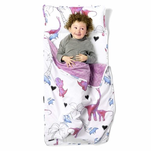 JumpOff Jo – Toddler Nap Mat – Children’s Sleeping Bag with Removable Pillow for Preschool, Daycare, and Sleepovers – Original Design: ”Pink Dino” - 43 x 21inches