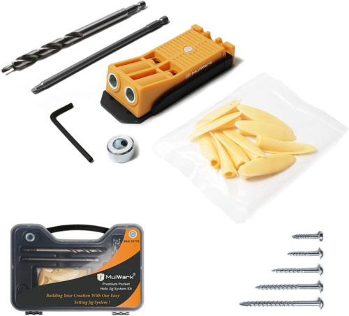 MulWark Premium Pocket Hole Jig System Kit - Including Two Holes Jig, Square Driver Bit, Hex Wrench, Depth Stop Collar, Step Drill Bit, Plastic Plugs and 5 Sizes Screws - Great Tool for Joinery Work