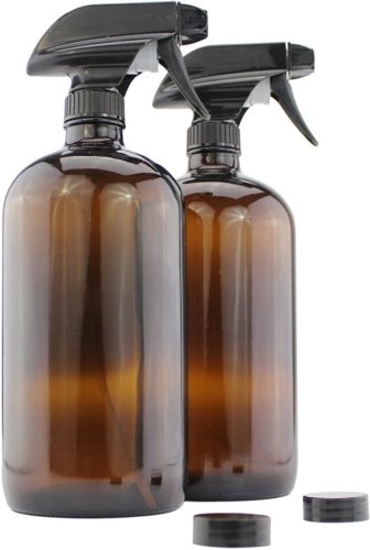 32-Ounce Amber Glass Spray Bottles w/Heavy Duty Mist & Stream Sprayers (2-Pack); Quart Size Brown Bottles w/ 3-Setting Adjustable Trigger Sprayers; Includes Caps for Storage & Chalk Labels