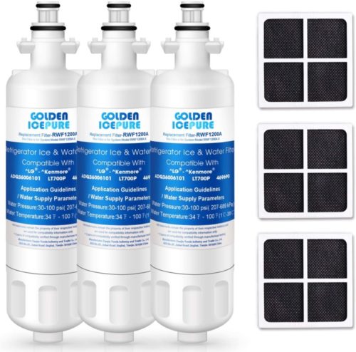 GOLDEN ICEPURE LT700P NSF Certified Refrigerator Water Filter, Compatible with LG LT700P, ADQ36006101, and LT120F, Kenmore Elite 469918 Water Filter and Air Filter Combo (3-Pack)