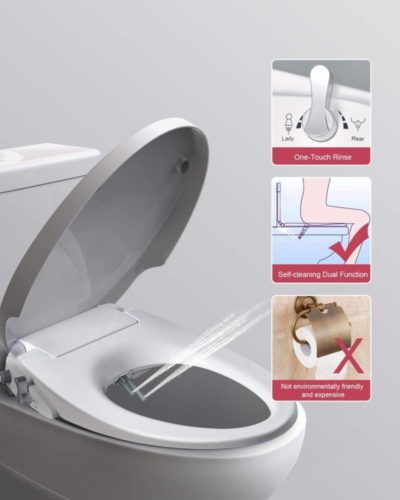 Uni-Green Manual Bidet Toilet Seat, White with Quiet-Close Lid&Seat, Non-Electronic,Dual Nozzles for Rear&Feminine Spray. (Elongated)