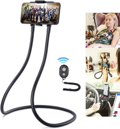 Upgrade Phone Holder for Bed, B-Land Neck Phone Holder Gooseneck Cell Phone Holders, Universal Mobile Phone Stand with Remote for Taking Videos & Group Photos (Black)