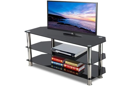 Topeakmart Glass TV Stands Chrome Legs Storage Shelves for Flat Screens, 3 Tier, Black