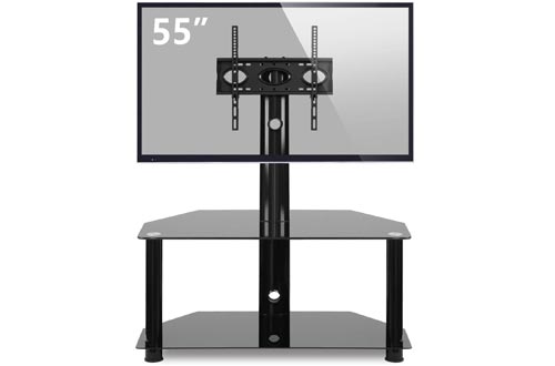 TAVR Glass Floor TV Stands with Swivel Mount and Height Adjustable for 32 37 42 47 50 55 inch Plasma Flat or Curved Screen TVs 2-Tier Tempered Glass Universal Media Storage Stand Black