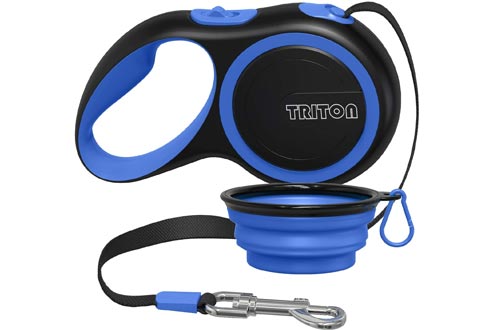 Triton Retractable Dog Leashes - 16 ft Reinforced Nylon Ribbon with Collapsible Water Bowl, One Touch Locking System, Tangle-Free, Anti-Slip Rubberized Handle