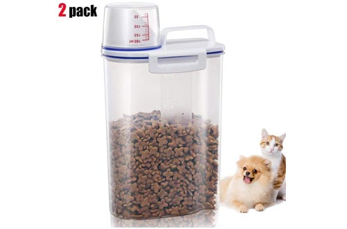 2 Pcs Pet Food Storage Containers with Pour Spout and Measuring Cup, BPA-Free Plastic,Airtight Pet Dry Food Dispenser and Seal Buckles for Dogs Cats Bird