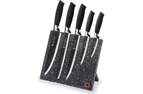 Imperial Collection IM-MGN5-W Stainless Steel Knife Set with Magnetic Knife Block Featuring Embossed Blades with Non-Stick Coating, Ergonomic Soft Grip (6-Piece Set of Knives, Black Handles)