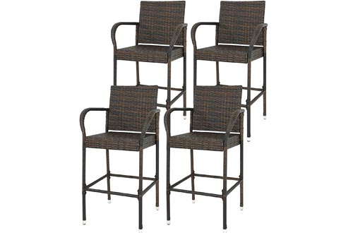 SUPER DEAL Wicker Bar Stools Outdoor Backyard Rattan Chair Patio Furniture Chair w/Iron Frame, Armrest and Footrest, Set of 4