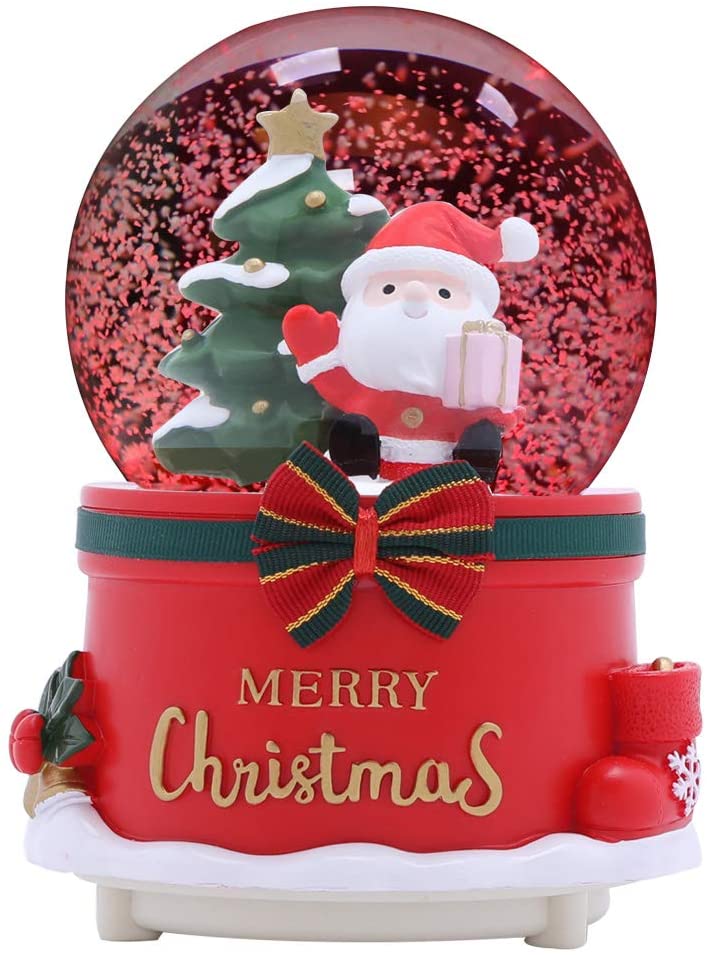 XXMANX-80-MM-Christmas-Snow-Globe-with-8-Music-and-4-Color-Lights-Santa-Music-Box-Home-Decoration-for-Girls-Boys-Kids-Granddaughters-Babies-Birthday-Gift-Musical-Resin-Glass-Manual-Snow-Drift