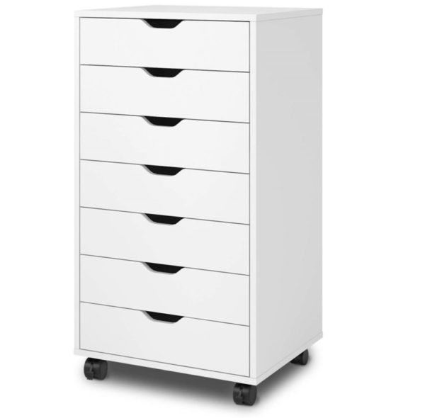 8. DEVAISE 7-Drawer Chest, Wood Storage Dresser Cabinet with Wheels, White