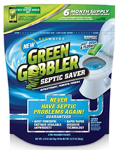 Green Gobbler SEPTIC SAVER Bacteria Enzyme Pacs - 6 Month Septic Tank Supply (FREE Green Gobbler REMINDER APP) 7.8 oz Total