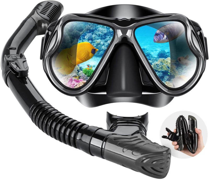 Dry Snorkel Mask Set Snorkeling Gear – Foldable Dry Snorkel Set with Dry-Wet Switchable Float Valve, Purge Valve Tube, Anti Fog 180 Panoramic Silicone No Leak Seal Mask for Adults and Youth