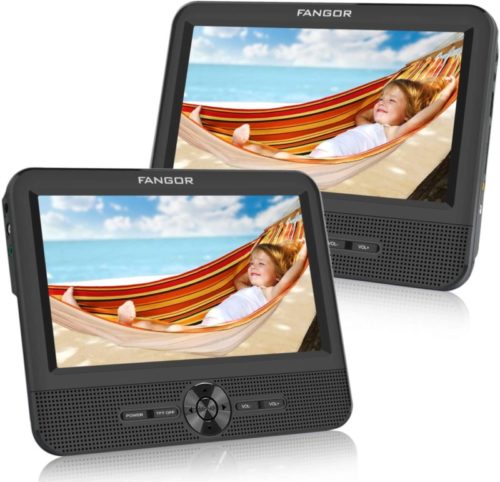 FANGOR-7.5’-Dual-Car-DVD-Player-Headrest-Video-CD-Player-with-Two-Screens-Supported-USB-SD-MMC-Card-Readers-Last-Memory-and-Regions-Free