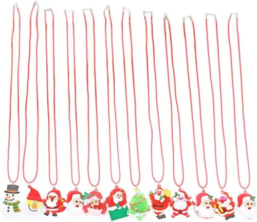 San Tokra 12 Pcs Light Up Christmas Necklace Lights, Holiday Flashing Light Necklace for Parties, Blinking LED Bulbs Santa Claus Christmas Tree Snowman Pendant, Xmas Necklace for Kids