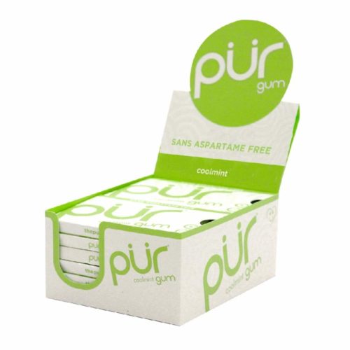 PUR 100% Xylitol Chewing Gum, Coolmint, 9 Pieces per Pack (Tray of 12) Sugar-Free + Aspartame Free, Vegan + non GMO