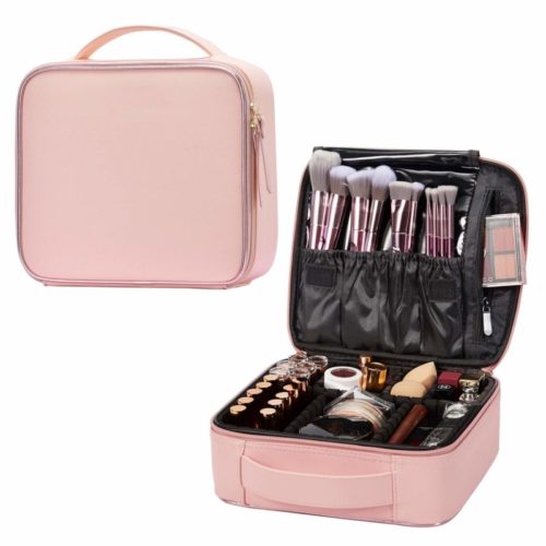 Stagiant Makeup Bag Portable Travel Makeup Train Case PU Leather Cosmetic Storage Organizer with Dividers for Girl Cosmetic Make Up Tools Toiletry Jewelry Digital Accessories - Pink