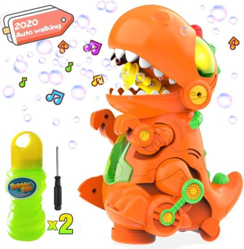 WisToyz Dino Bubble Machine Bubble Blower, Mobile & Stationary Two Settings, Bump N Go Feature, Music & Light, Bubble Machine for Kids, Two Bottles of Bubble Solution & Screwdriver Included
