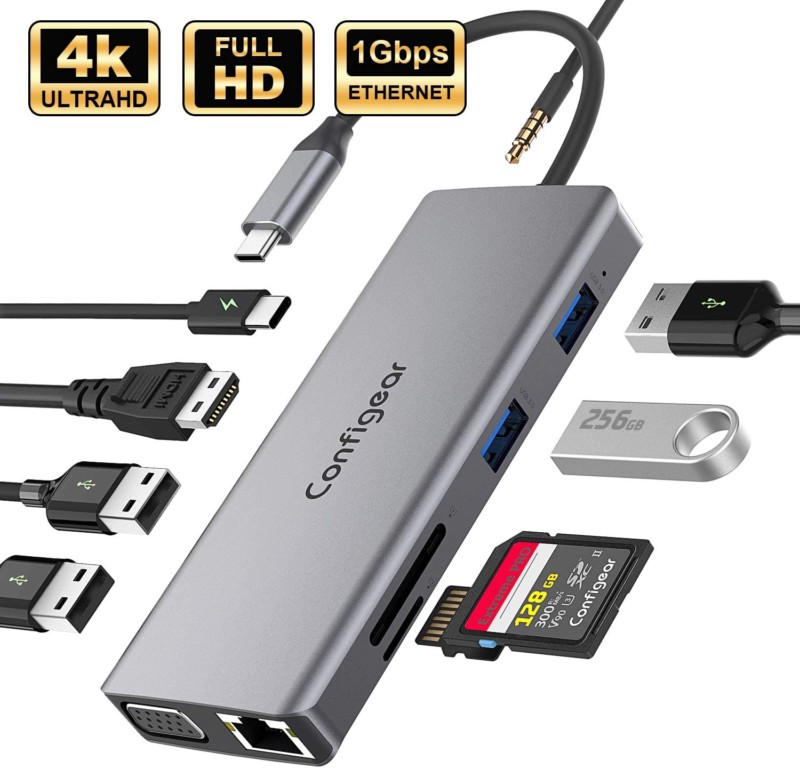 USB C Hub, Configear 11 in 1 Aluminum Dongle Docking Station with 4K HDMI,VGA,2 USB3.0,2 USB2.0 Ports,87W PD 3.0,Ethernet,SD/TF Card Reader, Audio/Mic,Compatible for MacBook Pro and Type C Devices