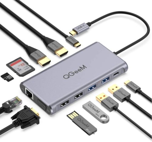USB C Hub, QGeeM 12 in 1 Triple Display Hub,USB C Docking Station with 4K Dual HDMI, 1080P VGA,100W PD, Ethernet,USB C to USB 3.0, Card Reader, USB-C Data Compatible with MacBook ,USB C Dock
