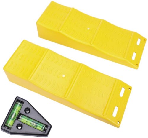 Homeon Wheels RV Leveling Blocks, Heavy Duty 3 Curved Camper Leveler Ramps 2 Pack Tire Chocks for Motorhome Caravan Truck SUV Each Wheel 5,000 lb Adds Up to 3.94in Total 6 in Height RV T Level