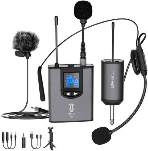 UHF Wireless Microphone System Headset Mic/Stand Mic/Lavalier Lapel Mic with Rechargeable Bodypack Transmitter & Receiver 1/4" Output for iPhone, PA speaker, DSLR Camera, Recording, Teaching